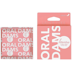 Sachet individuel Loovara Oral Dams à côté de sa boîte rose