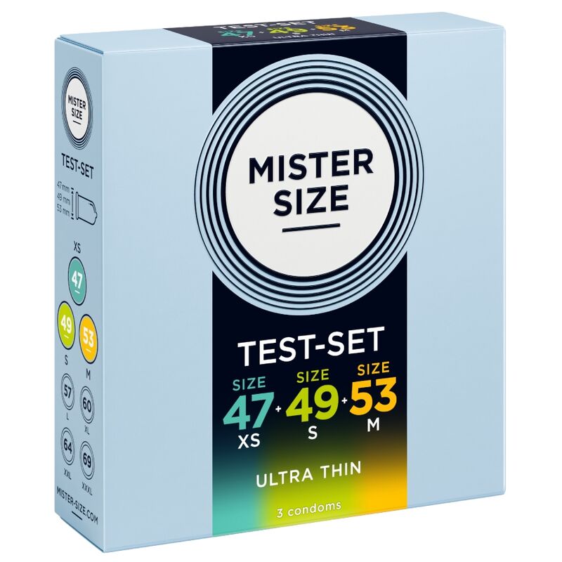 Kit Mister Size 47 / 49 / 53 mm vu de trois quarts, avec les trois tailles illustrées sur le côté.