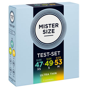 Kit Mister Size 47 / 49 / 53 mm vu de trois quarts, avec les trois tailles illustrées sur le côté.