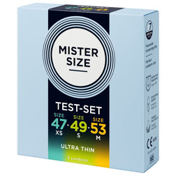 Boîte Mister Size 47 / 49 / 53 mm vue de trois quarts, côté mentions de qualité et vegan.