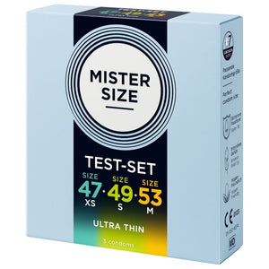 Boîte Mister Size 47 / 49 / 53 mm vue de trois quarts, côté mentions de qualité et vegan.