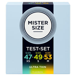 Boîte Mister Size de 3 préservatifs avec les largeurs 47, 49 et 53 mm en face avant.