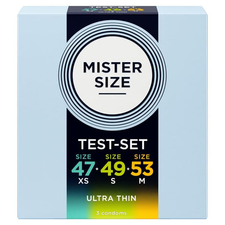 Boîte Mister Size de 3 préservatifs avec les largeurs 47, 49 et 53 mm en face avant.