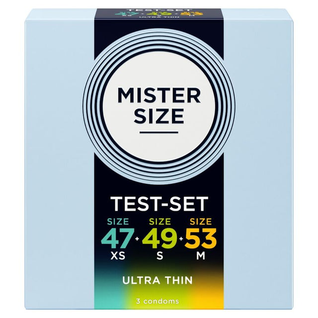 Boîte Mister Size de 3 préservatifs avec les largeurs 47, 49 et 53 mm en face avant.