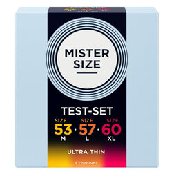 Boîte Mister Size de 3 préservatifs avec les largeurs 53, 57 et 60 mm en face avant.