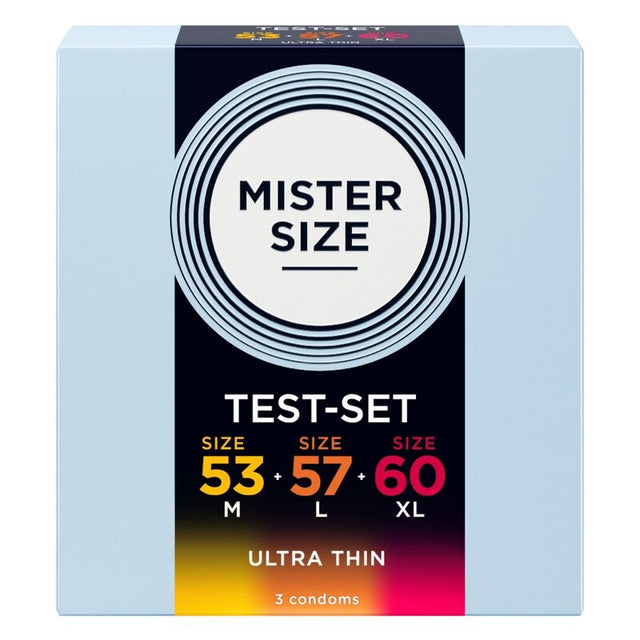 Boîte Mister Size de 3 préservatifs avec les largeurs 53, 57 et 60 mm en face avant.