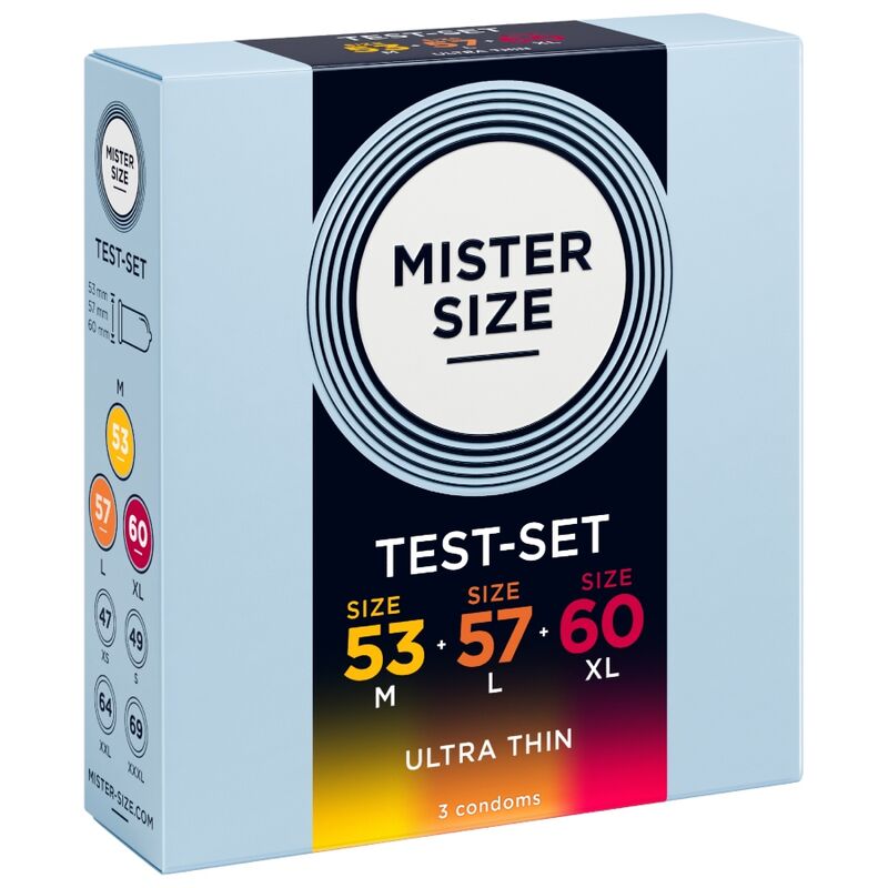 Boîte Mister Size 53 / 57 / 60 mm vue de trois quarts, avec les trois tailles illustrées sur le côté.