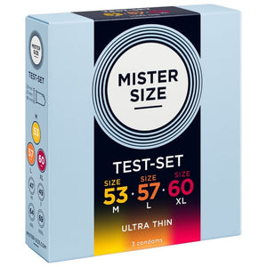Boîte Mister Size 53 / 57 / 60 mm vue de trois quarts, avec les trois tailles illustrées sur le côté.