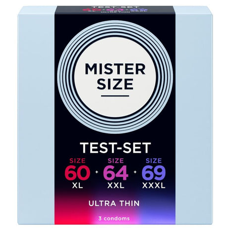 Boîte Mister Size de 3 préservatifs avec les largeurs 60, 64 et 69 mm en face avant.