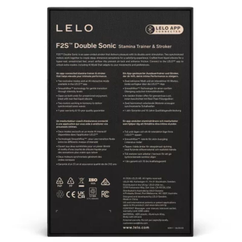 Dos du coffret LELO F2S Double Sonic présentant la connexion à l’application et les caractéristiques