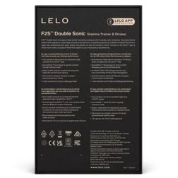Dos du coffret LELO F2S Double Sonic présentant la connexion à l’application et les caractéristiques