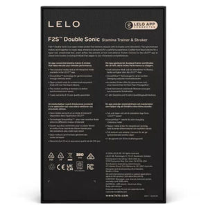 Dos du coffret LELO F2S Double Sonic présentant la connexion à l’application et les caractéristiques