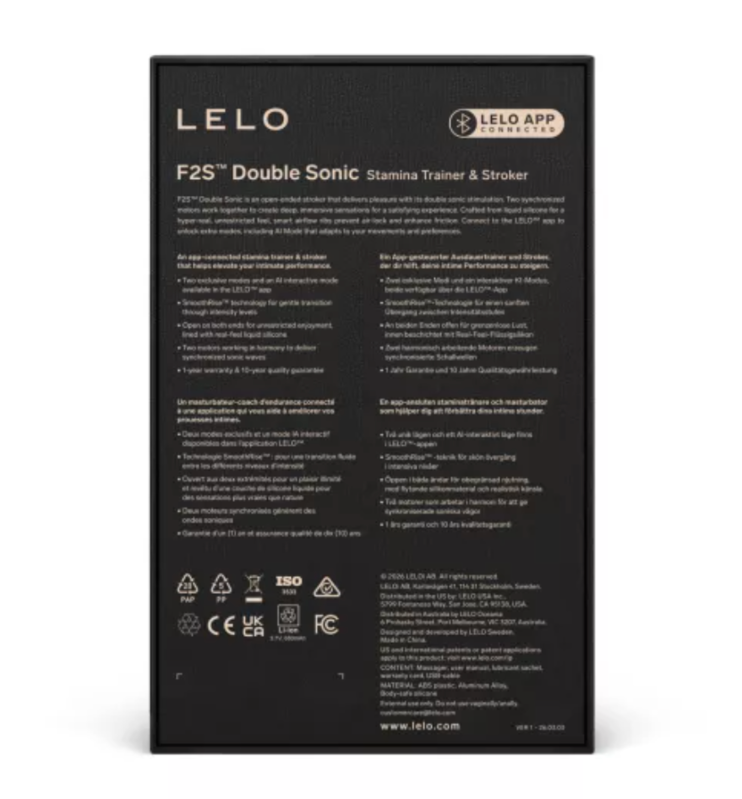 Dos de la boîte LELO F2S Double Sonic rouge avec les caractéristiques et le logo de l’application