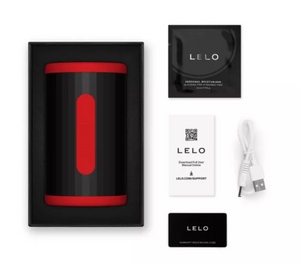 Coffret du LELO F2S Double Sonic rouge avec câble de recharge USB et documents fournis