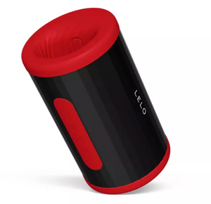 Masturbateur LELO F2S Double Sonic noir et rouge, vu de biais avec le manchon nervuré apparent
