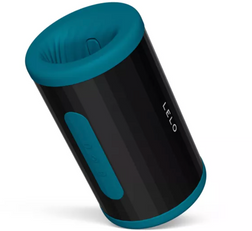 Masturbateur LELO F2S Double Sonic noir et turquoise, vu de biais avec le manchon nervuré apparent