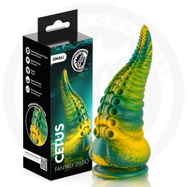 Gode tentacule Cetus petit vert et jaune devant sa boîte