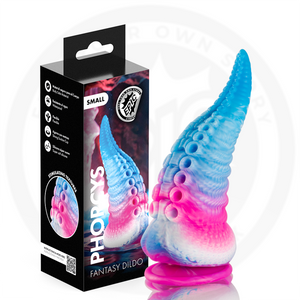 Gode Phorcys S bleu, blanc et rose, avec sa boîte marquée Small