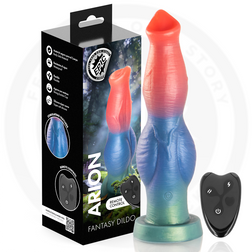 Gode Arion rouge, bleu et vert avec sa télécommande noire et sa boîte