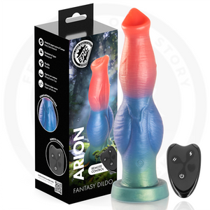 Gode Arion rouge, bleu et vert avec sa télécommande noire et sa boîte