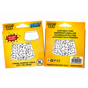 Confezione gialla Diverty Sex, fronte e retro, con boxer bianchi illustrati da motivi di peni neri.