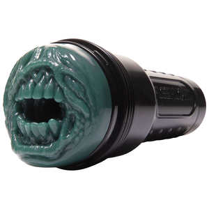 Masturbateur Fleshlight Fantasy Zombie Mouth, bouche verte et coque noire vus de trois quarts.