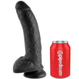 Realistic black dildo, 22.9 cm, with testicles and a suction cup, in black PVC, 22.9 cm, for intimate pleasure.
