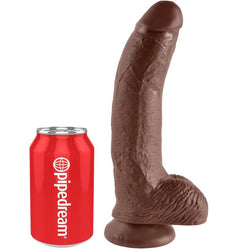 Realistic veined brown dildo, 22.9 cm, with testicles and suction cup, in brown PVC.