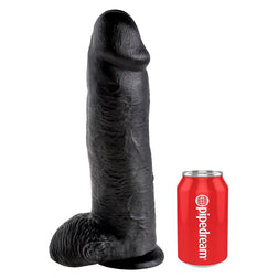 Realistic giant black dildo, 30 cm, with balls, in black PVC, 30.5 cm, for intimate pleasure.