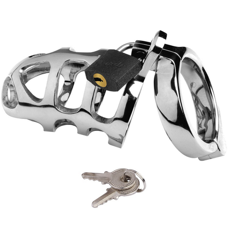 Cage de chasteté en acier inoxydable à barreaux chromés.