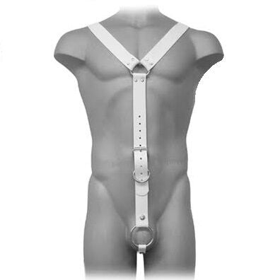 Harnais cuir blanc Y-straps avec anneau pénien · Leather Body · Harnais