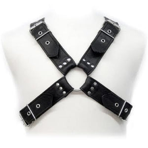 Harnais Leather Body cuir Véritable forme X 4 boucles en Cuir noir vu de face