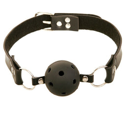 Breathable ball gag 4.5 cm with adjustable strap in black vegan leather for intimate play.