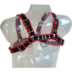 Harnais bulldog cuir noir liseré rouge — Chaîne III — vue de profil