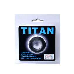 Titan cock ring in black silicone for intimate pleasure.