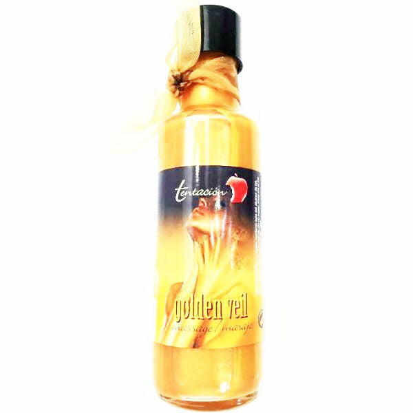 Huile massage Tentacion Huile de massage corps voile doré 100 ml vu de face
