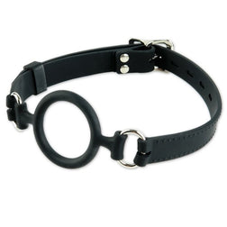 Open-ring gag by Fetish Fantasy Extreme, Ø 3.8 cm model with adjustable strap, in black silicone, for intimate pleasure.