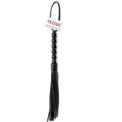 Fouet modèle Cat o nine manche perlé 52 cm en PVC noir pour le plaisir intime.