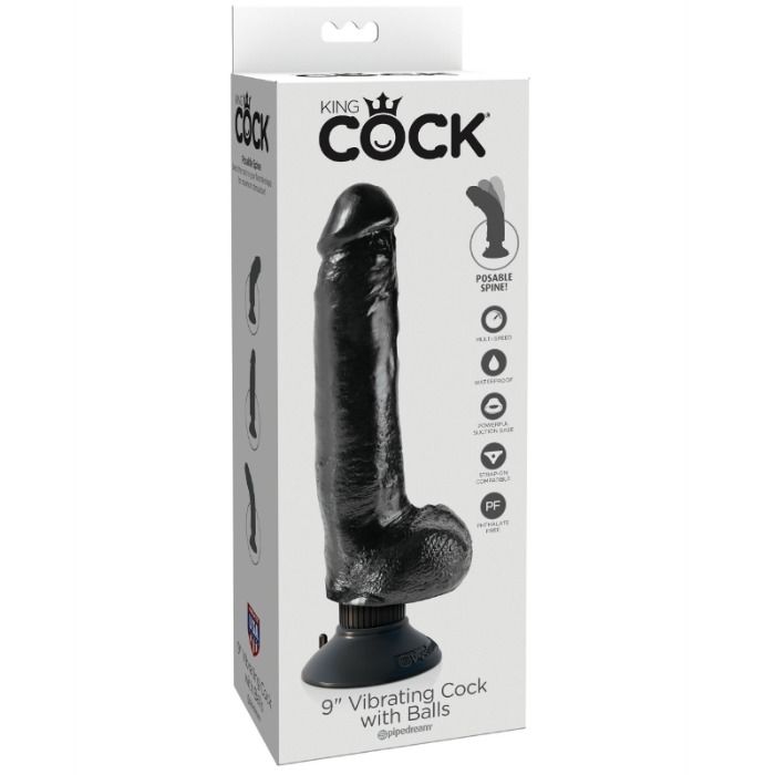 Gode vibrant réaliste noir 23 cm avec testicules — vue de profil