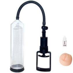 Pompe pénis modèle Pompe à pénis manuelle avec orifice vagin 20 cm en ABS transparent pour le plaisir intime.