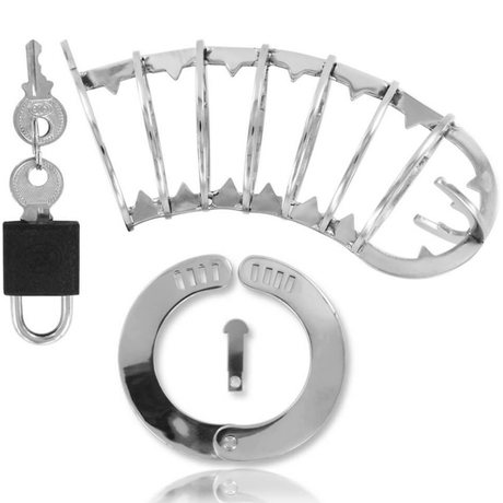 Cage de chasteté longue acier 14 cm avec cadenas — vue de profil