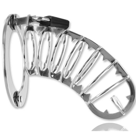 Harnais Cage de chasteté longue acier 14 cm avec cadenas vu de face