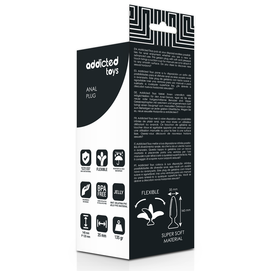 Dos de la boîte Addicted Toys : pictogrammes matière jelly PVC, 140 mm, 35 mm, 135 g