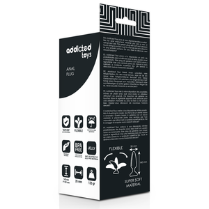 Dos de la boîte Addicted Toys : pictogrammes matière jelly PVC, 140 mm, 35 mm, 135 g
