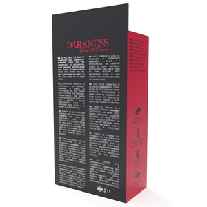 Back and side of the DARKNESS collar-and-leash packaging, with text and pictograms