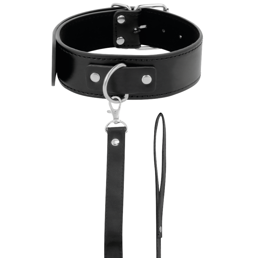 Black collar with front D-ring, silver-coloured rivets and leash attached by a snap hook