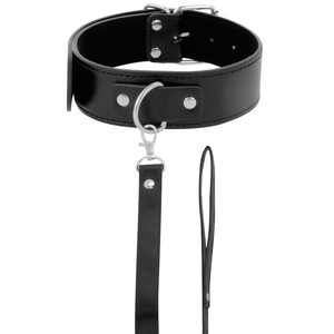 Black collar with front D-ring, silver-coloured rivets and leash attached by a snap hook