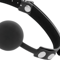 Bâillon boule pleine en silicone noir, sangle simili cuir