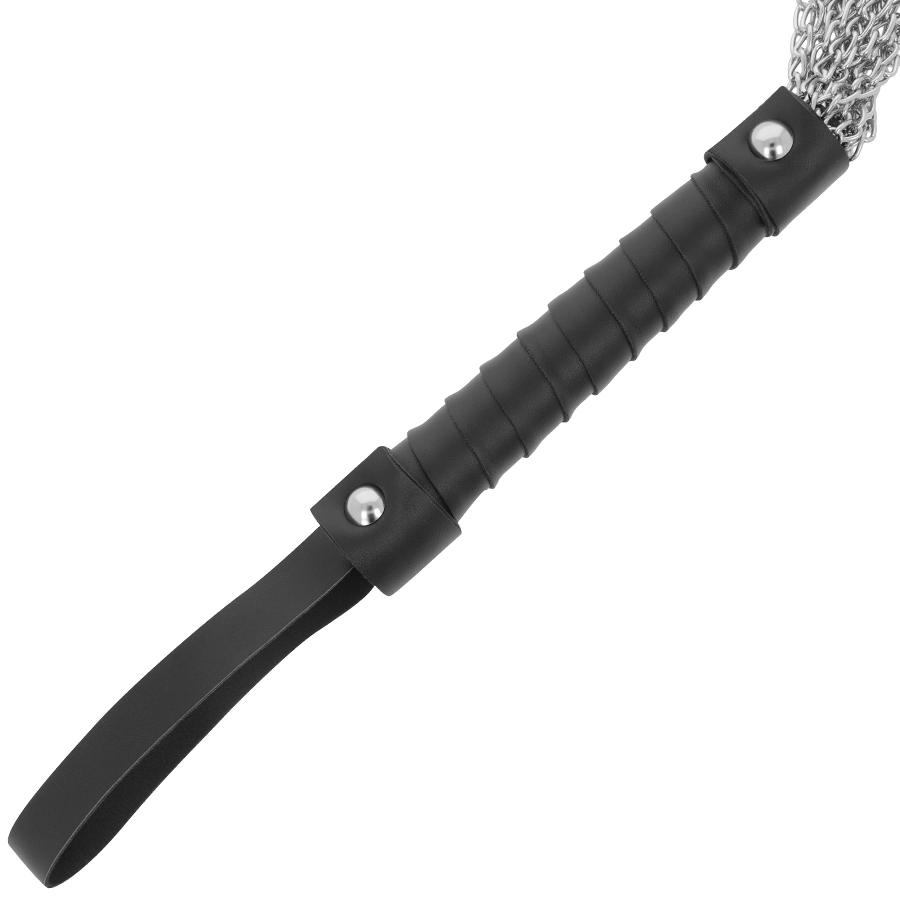 Poignée noire du martinet Darkness avec relief en spirale, rivets argentés et dragonne de poignet