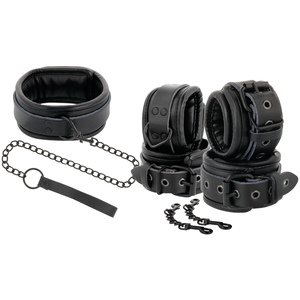 DARKNESS MENOTTES ET COLLIER EN CUIR NOIR
